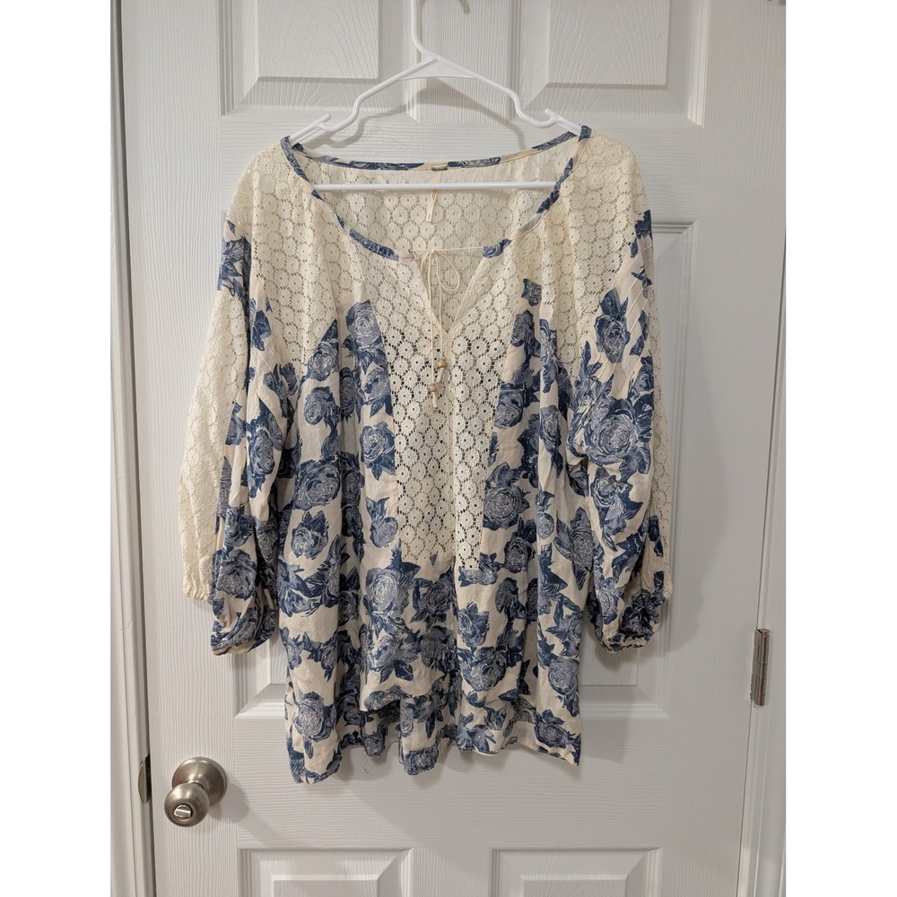 Free People, Small, Moon River Floral Lace Peasant Top, Ivory & Blue - Picture 2 of 7